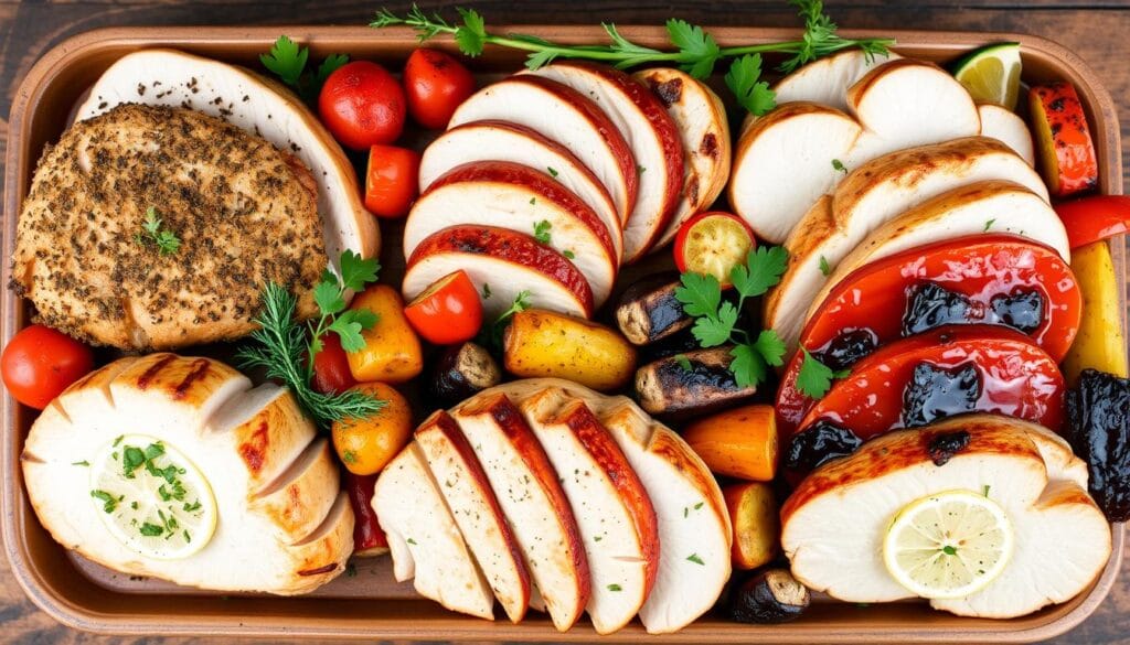Baked Chicken Recipes "Perfectly baked split chicken breasts with crispy golden skin, garnished with fresh herbs, served on a plate with roasted vegetables."