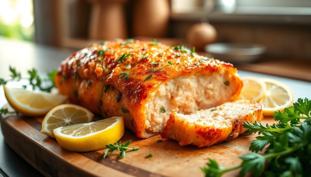 Baked salmon loaf "A freshly baked salmon loaf served with a side of vegetables."