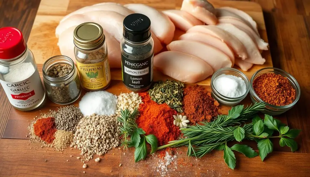 chicken breast seasonings "Perfectly baked thin cut chicken breasts served on a white plate, garnished with fresh herbs and lemon wedges."