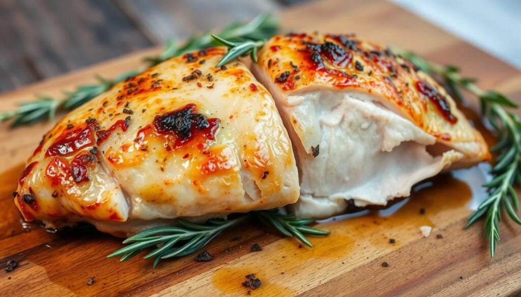 juicy chicken "Perfectly baked split chicken breasts with crispy golden skin, garnished with fresh herbs, served on a plate with roasted vegetables."