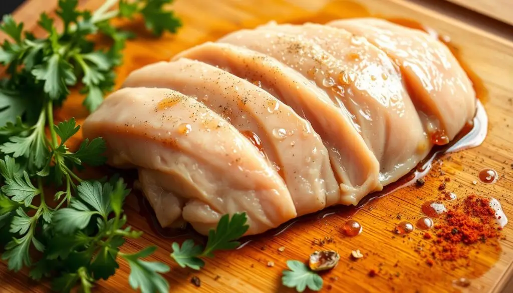 juicy chicken breast Perfectly baked thin cut chicken breasts served on a white plate, garnished with fresh herbs and lemon wedges."