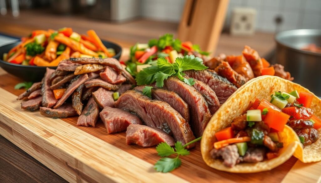 thin sliced beef recipes "Various cuts of thin-sliced beef, including flank steak, skirt steak, and sirloin, displayed on a wooden cutting board with fresh herbs."