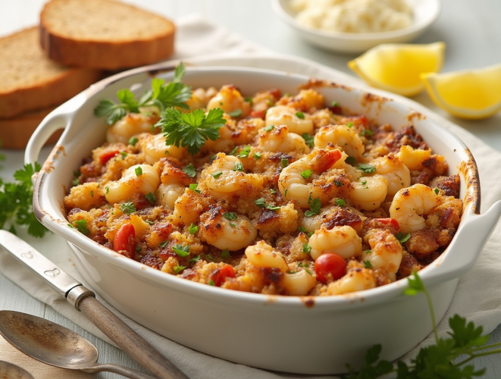 Breadcrumbs, seafood, and seasonings being mixed together to create the stuffing mixture.