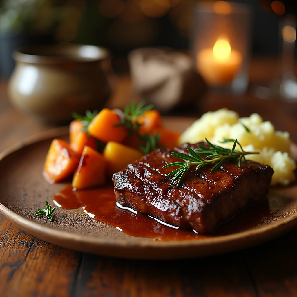"Tender boneless beef short ribs glazed with a rich sauce, served on a plate with mashed potatoes and roasted carrots."

