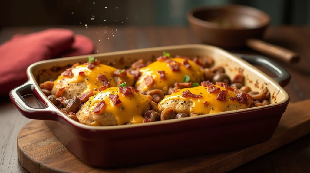 Alice Springs Chicken in a baking dish, topped with melted cheddar cheese, crispy bacon, and mushrooms, straight from the oven.