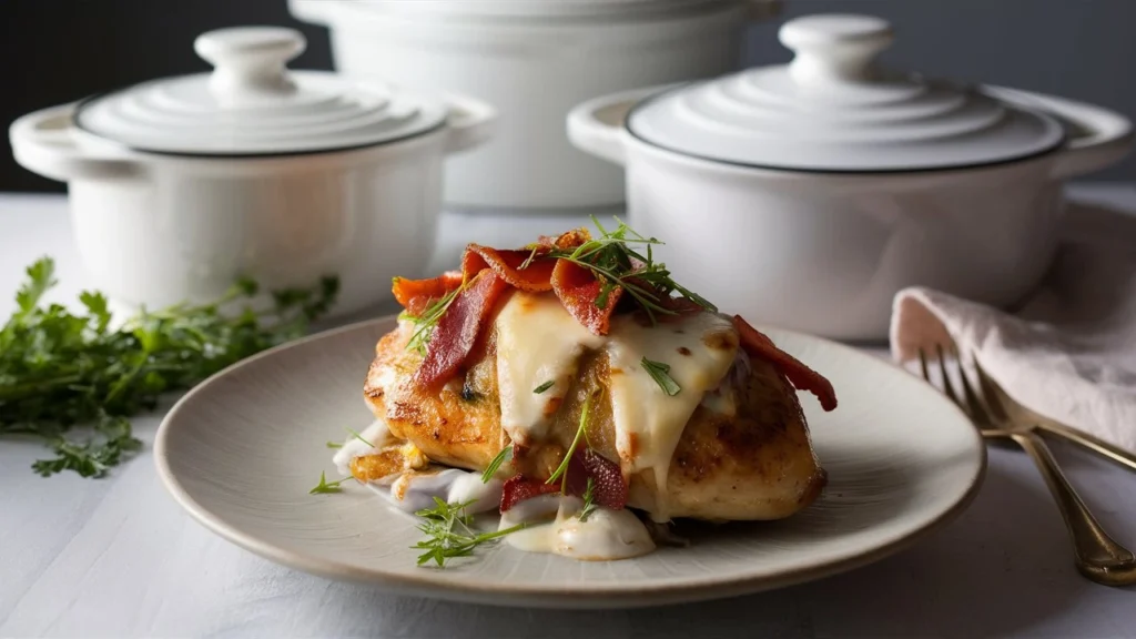 A close-up view of Alice Springs Chicken showing the melted cheese, crispy bacon, and tender chicken.
