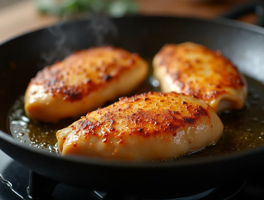 Chicken breasts being seared in a hot skillet until golden brown, a step in preparing Alice Springs Chicken.