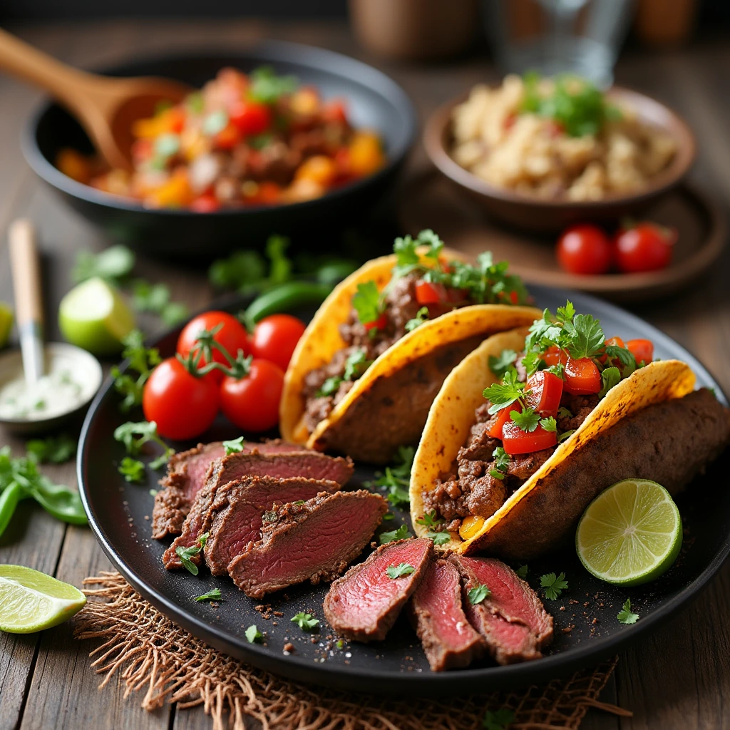 "Freshly thin-sliced beef on a wooden cutting board with seasonings, ready for stir-fry."

