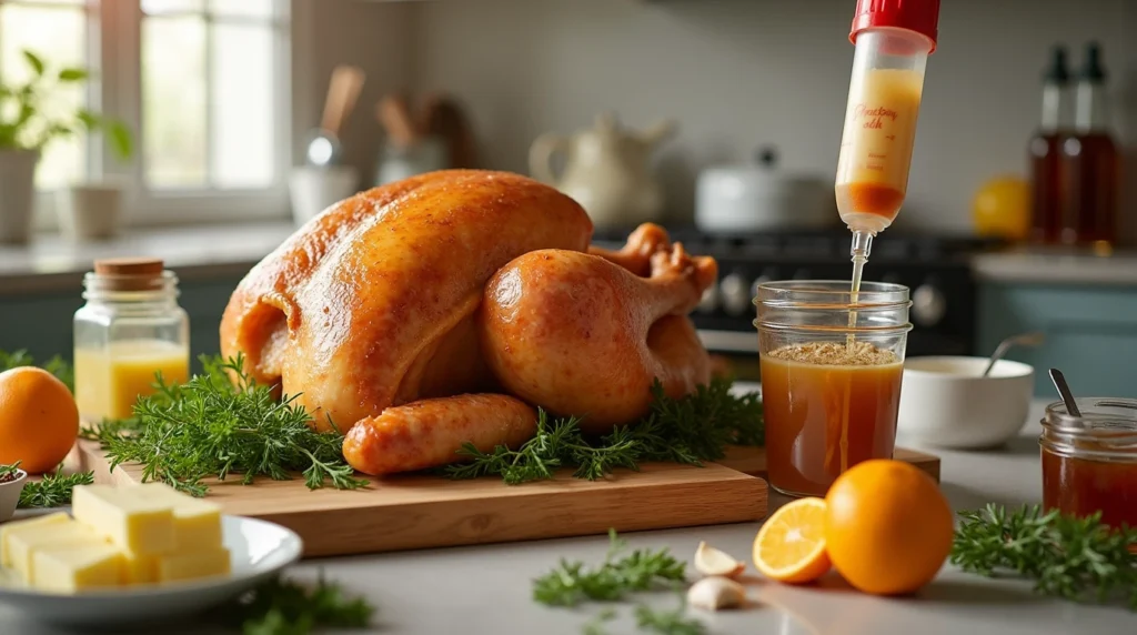 Chef using a marinade injector to add flavor to a whole turkey before roasting."

