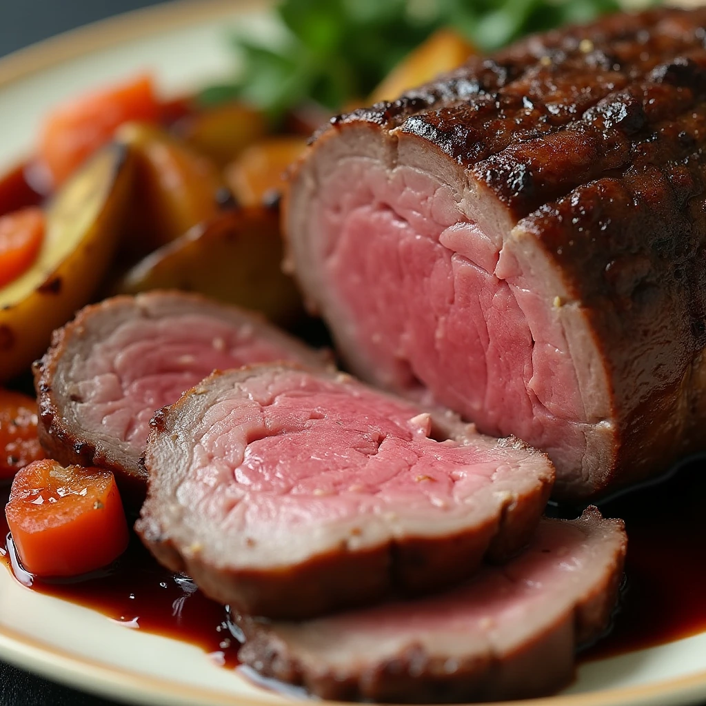 "A close-up of sliced lamb loin roast, showing a tender, juicy interior. The slices are placed on a plate, accompanied by roasted vegetables and red wine sauce."

