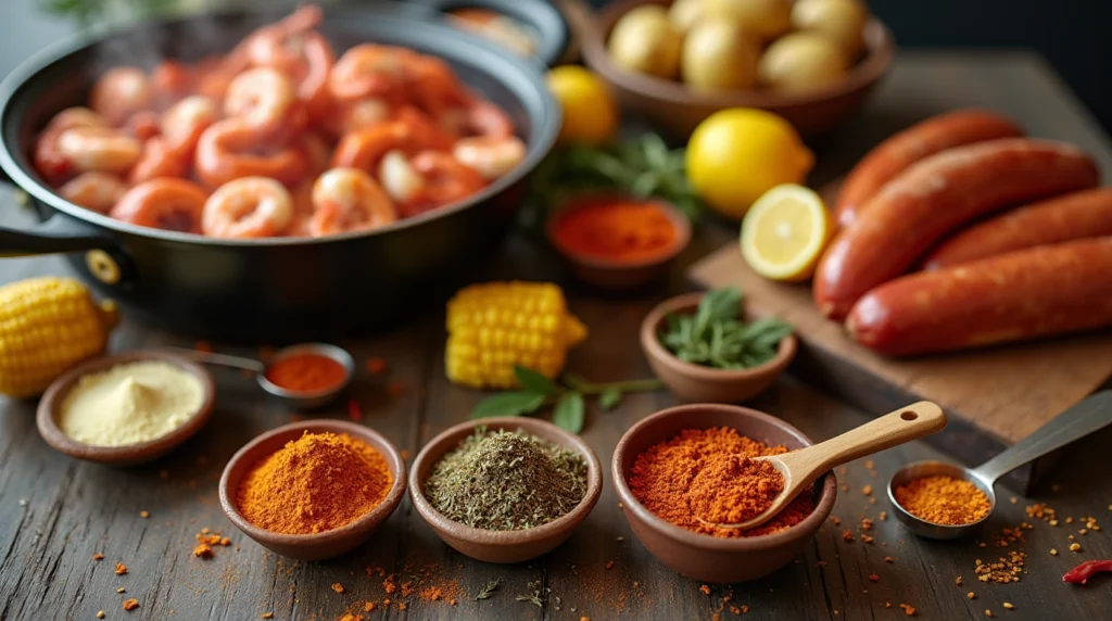 "Step-by-step process of creating homemade seafood boil seasoning with ingredients like paprika, garlic powder, and onion powder in bowls."