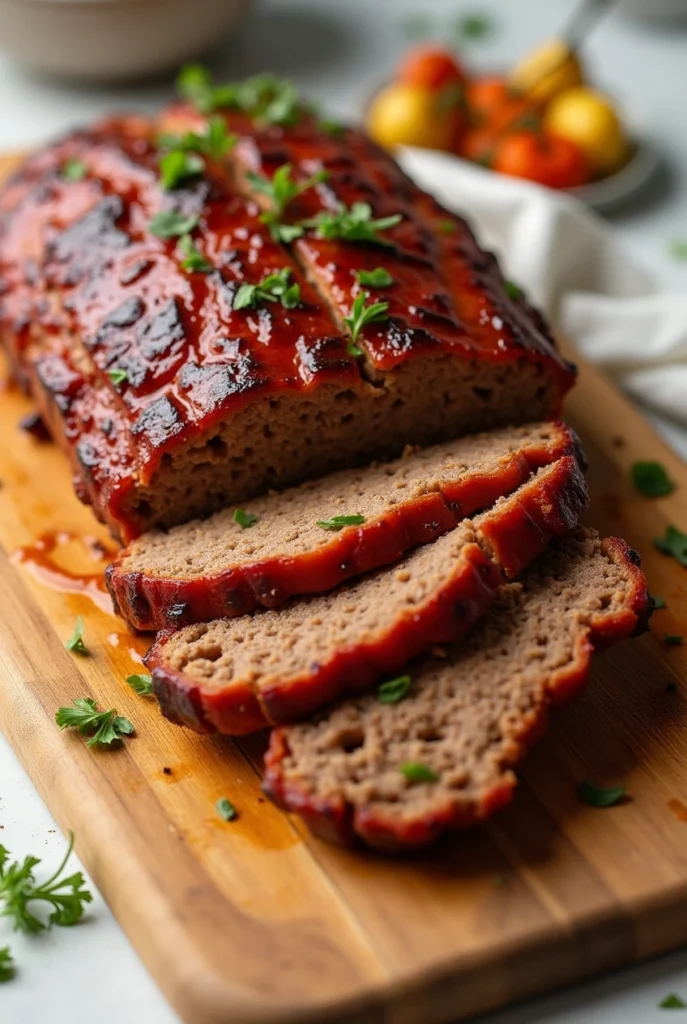 A sliced smoked meatloaf on a wooden cutting board, showcasing its juicy, tender interior.