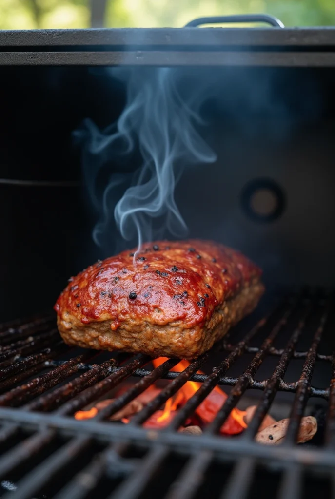 A smoker in action with a meatloaf slowly cooking inside, releasing a light smoke trail for flavor infusion