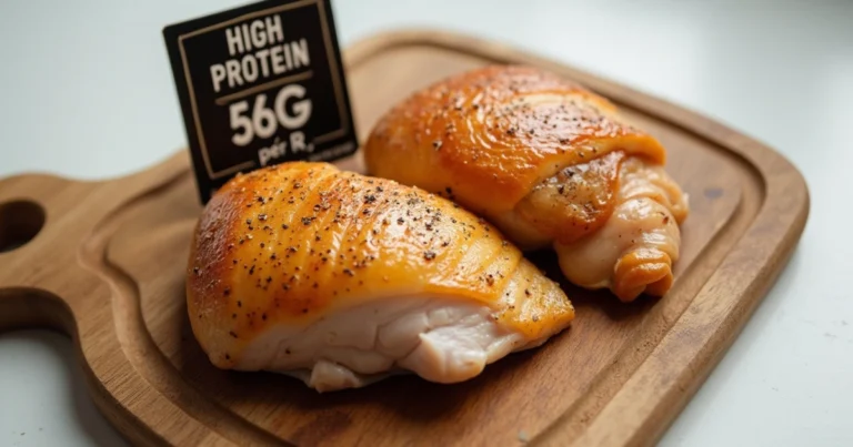 "8 oz chicken breast protein source on a cutting board, highlighting its high protein content, low fat, and health benefits."