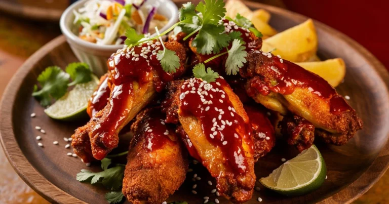 A plate of crispy, golden-brown chicken wings coated in a glossy dulce chile sauce, garnished with fresh cilantro, sesame seeds, and lime wedges, served with a side of coleslaw and potato wedges.