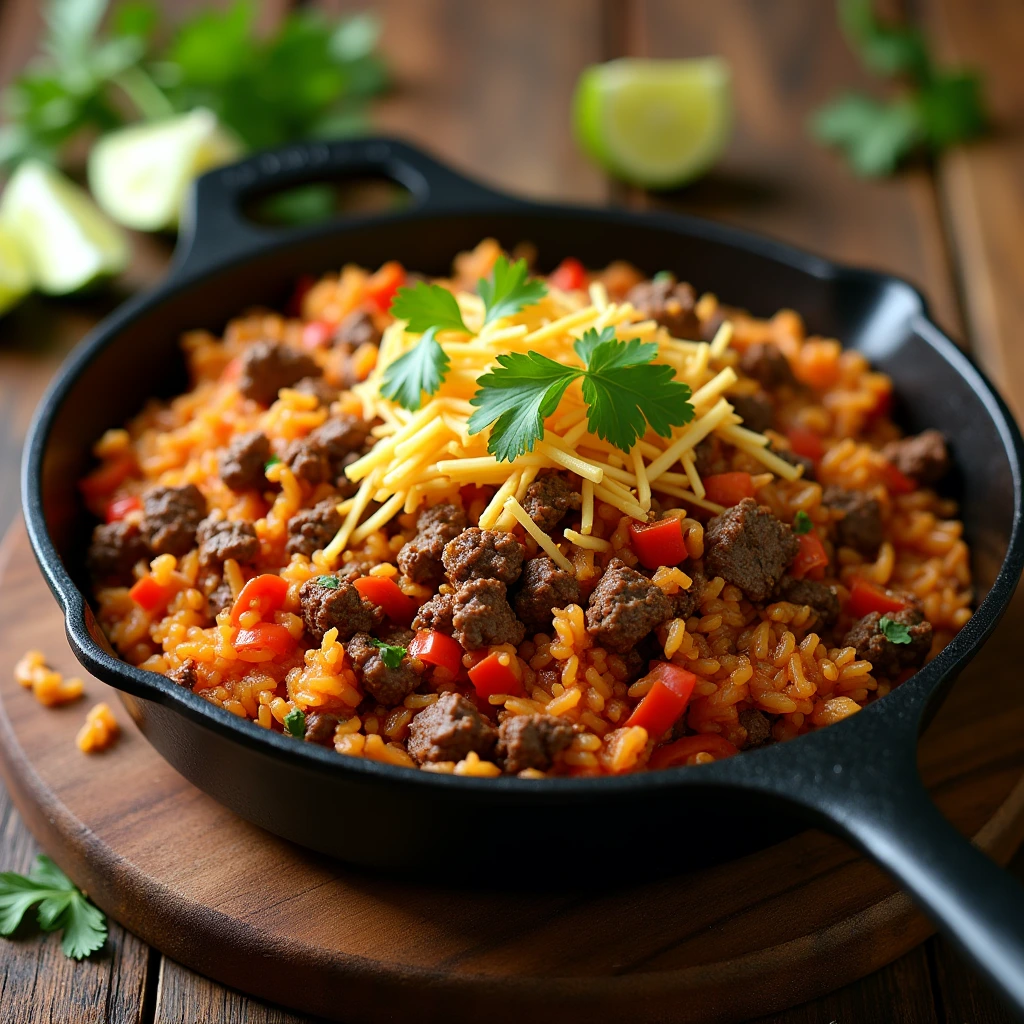 "A vibrant Mexican Beef and Rice Skillet showcasing perfectly seasoned ground beef, rice, and fresh vegetables with toppings like cheese, cilantro, and lime."