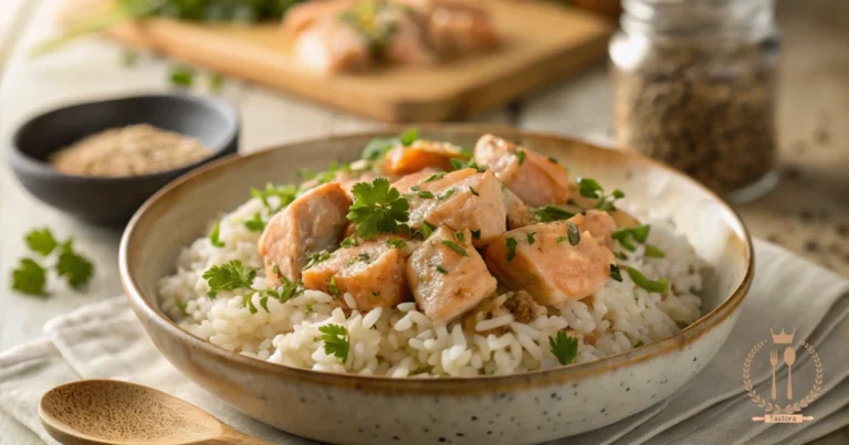 A bowl of can salmon and rice recipe garnished with fresh herbs, served on a rustic wooden table with a spoon on the side.