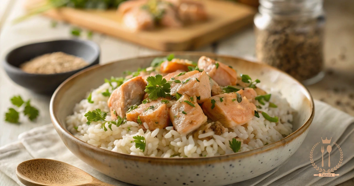 A bowl of can salmon and rice recipe garnished with fresh herbs, served on a rustic wooden table with a spoon on the side.