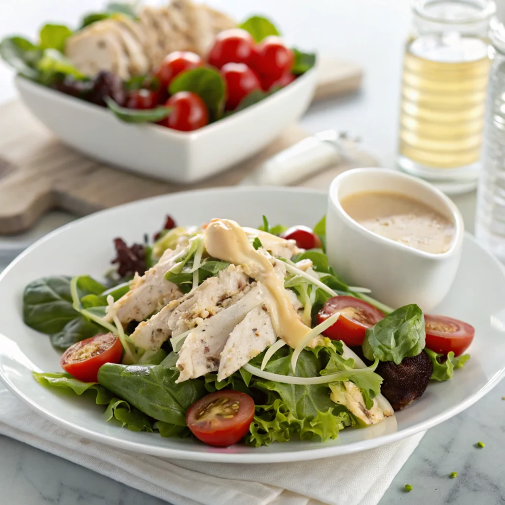 Three small bowls of Chicken Salad Chick-style dressings, including classic creamy, honey mustard, and poppyseed dressing, arranged on a serving board.