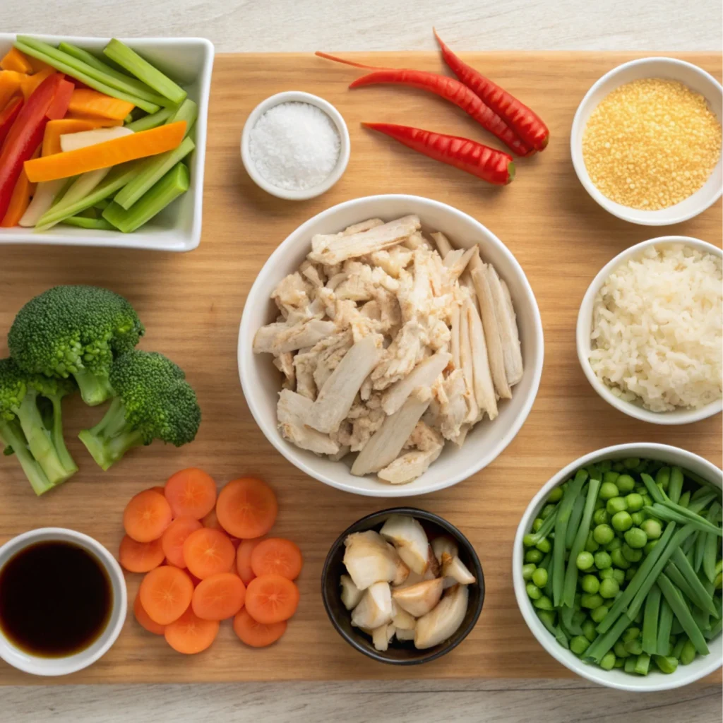 A wok filled with sizzling bell peppers, broccoli, carrots, and shredded rotisserie chicken, being stirred with a wooden spatula.