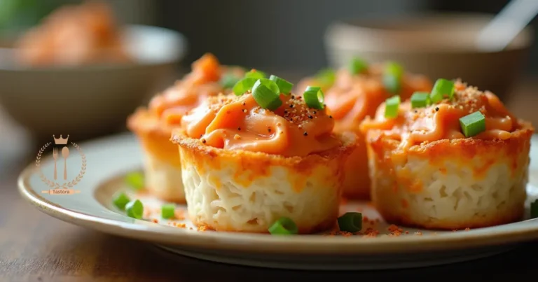 A close-up of crispy salmon sushi bake cups topped with sriracha mayo, furikake, and green onions, served on a stylish ceramic plate.