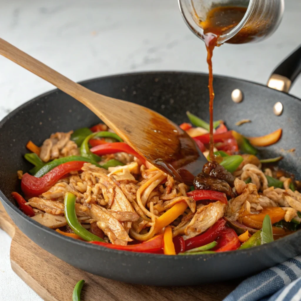 A top-down view of stir fry ingredients, including shredded rotisserie chicken, bell peppers, broccoli, carrots, snap peas, garlic, ginger, and soy sauce.