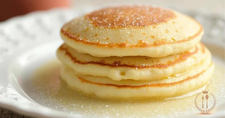 "Fluffy pancakes stacked on a plate, topped with syrup and fresh berries, showcasing the light texture and golden-brown color of perfectly cooked pancakes."
