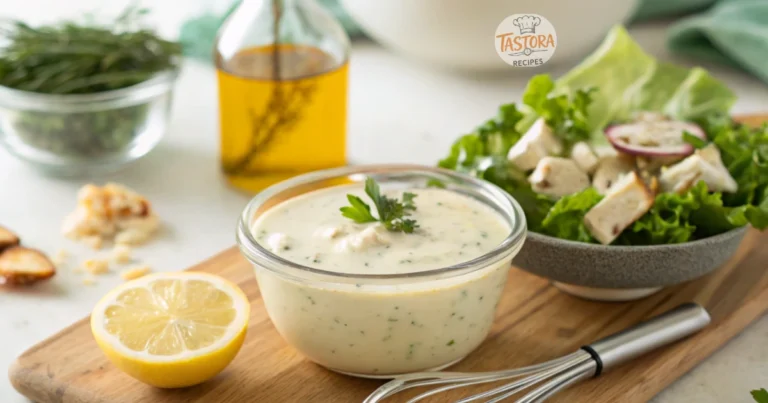 A set of three homemade Chicken Salad Chick-style salad dressings in glass bowls, featuring creamy, honey mustard, and poppyseed flavors with fresh ingredients.
