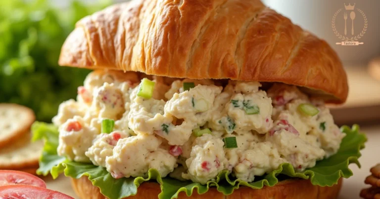 A creamy Dixie Chick Chicken Salad Chick served on a buttery croissant with fresh lettuce and sliced tomatoes, placed on a wooden kitchen counter.