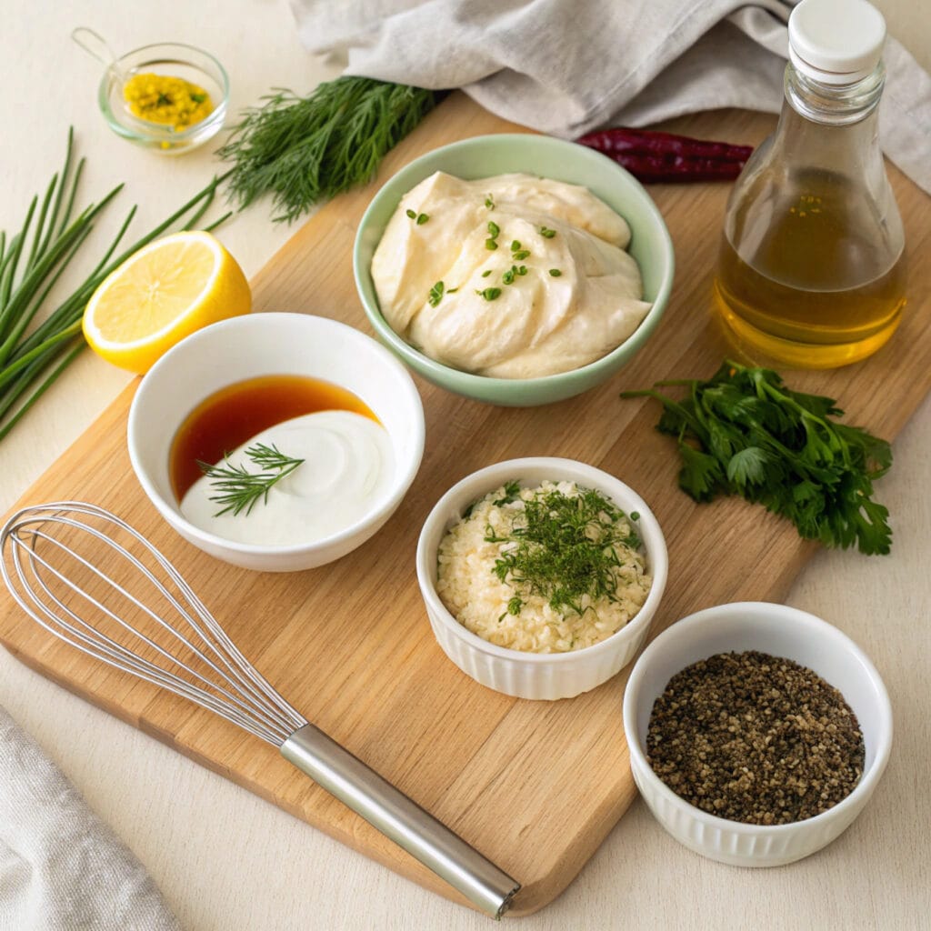 A flat lay of ingredients for making Chicken Salad Chick-style salad dressings, including mayonnaise, mustard, lemon, herbs, and buttermilk on a wooden cutting board.