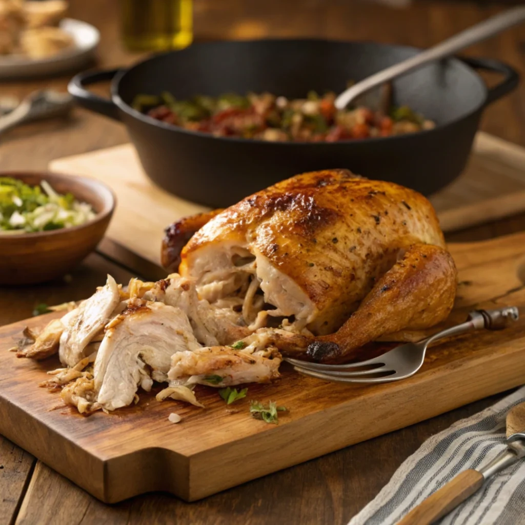 A freshly roasted rotisserie chicken on a wooden cutting board, partially shredded, with a wok in the background, ready for stir frying.
