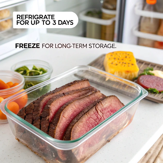 Cooked thinly sliced beef brisket neatly stored in a sealed glass container for refrigeration or freezing.