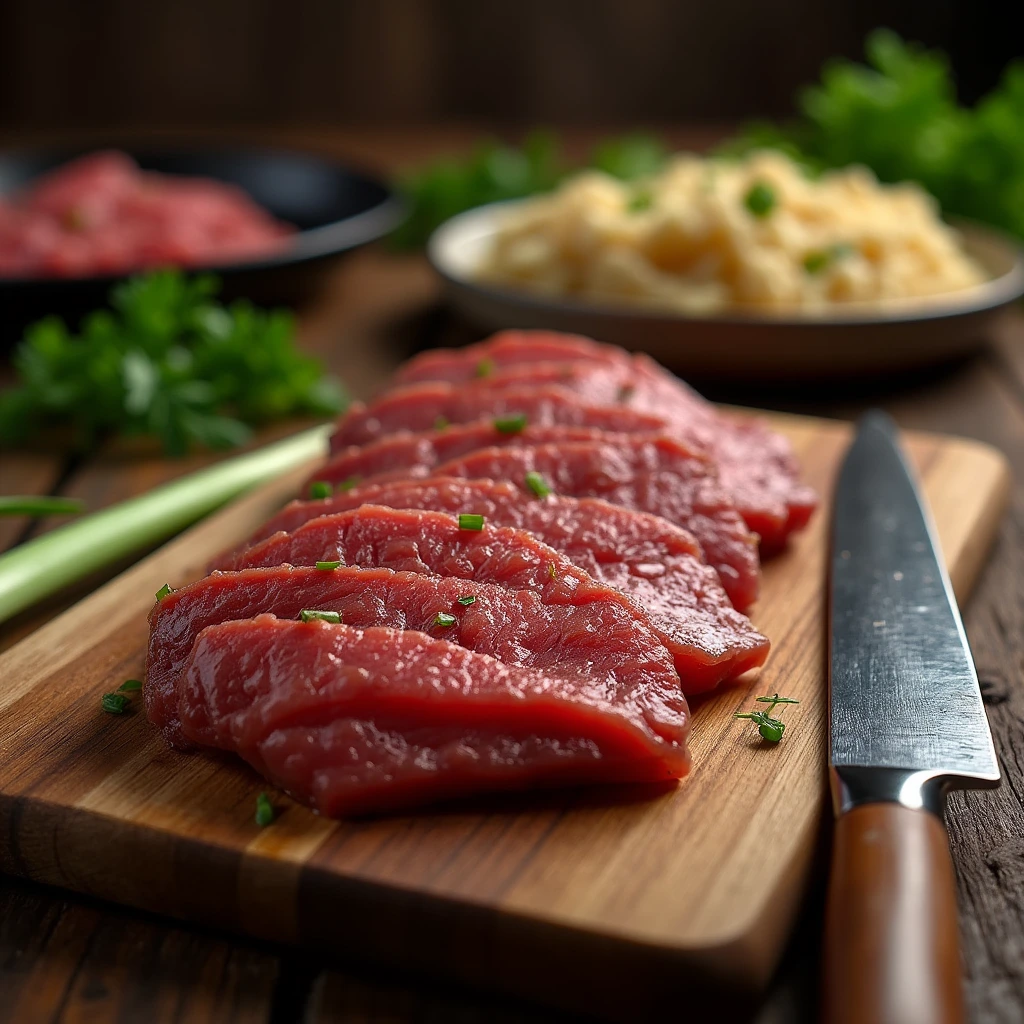 Thinly sliced beef brisket in a glass bowl with a marinade of soy sauce, garlic, and spices, ready for cooking.