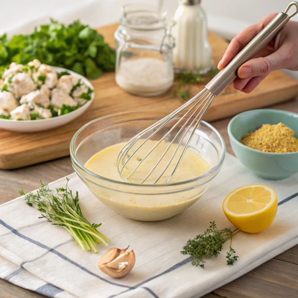  A person whisking a creamy dressing in a glass bowl with fresh herbs, mustard, and lemon around it in a bright kitchen setting.