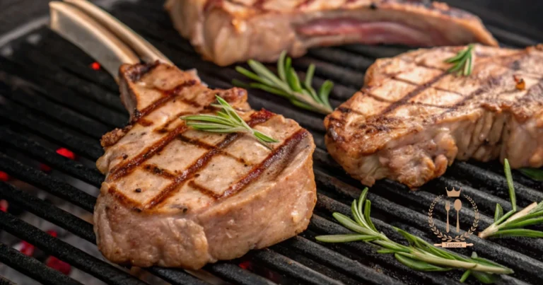 Juicy grilled lamb shoulder chops with golden-brown grill marks, garnished with fresh rosemary and served with roasted vegetables on a rustic wooden plate.