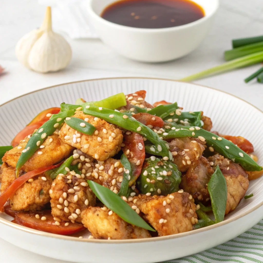A plate of rotisserie chicken stir fry, garnished with sesame seeds and green onions, served with a side of stir fry sauce.