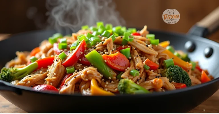 A vibrant stir fry dish featuring shredded rotisserie chicken, colorful bell peppers, broccoli, carrots, and snap peas, coated in a savory soy-based sauce.