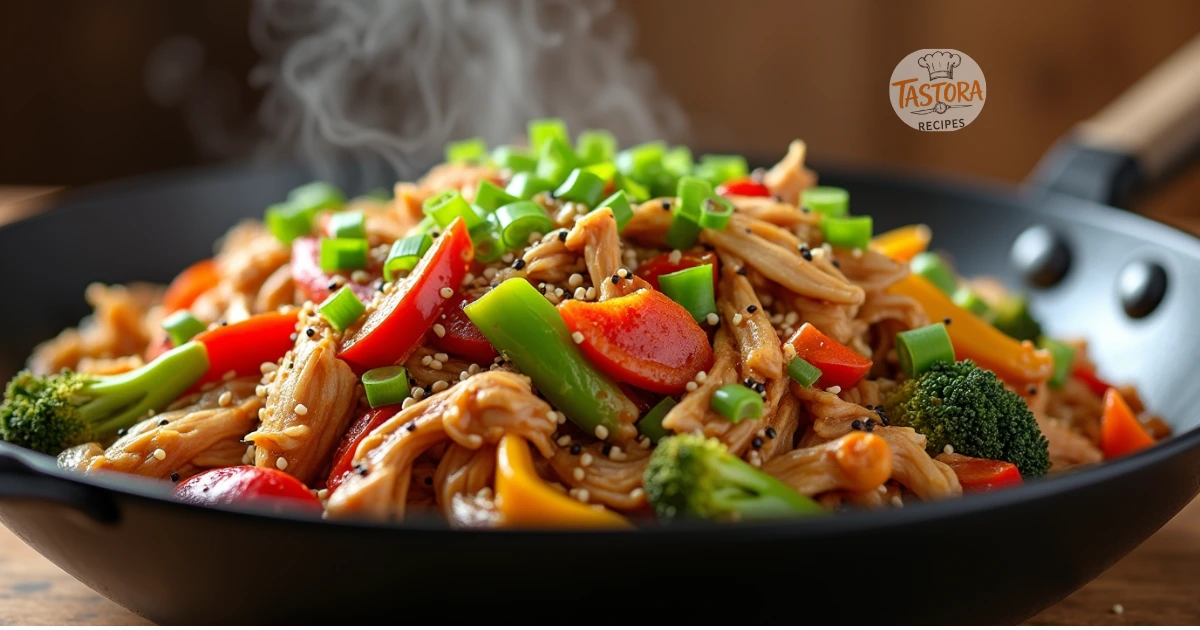 A vibrant stir fry dish featuring shredded rotisserie chicken, colorful bell peppers, broccoli, carrots, and snap peas, coated in a savory soy-based sauce.