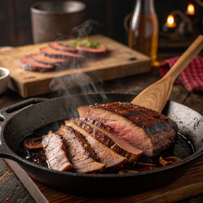 Fresh thinly sliced beef brisket with rich marbling, neatly arranged on a wooden cutting board with a chef’s knife beside it.