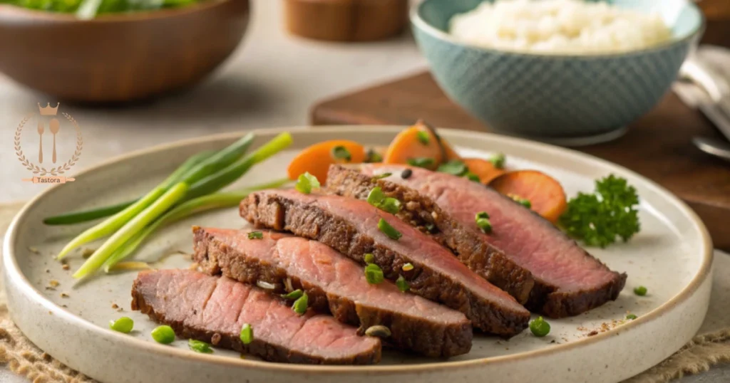 A plate of thinly sliced beef brisket, cooked to perfection, garnished with fresh herbs and served with a side of vegetables on a wooden board.