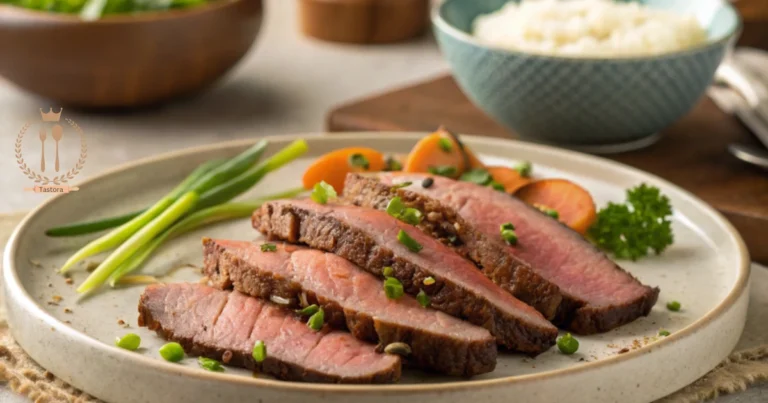 A plate of thinly sliced beef brisket, cooked to perfection, garnished with fresh herbs and served with a side of vegetables on a wooden board.