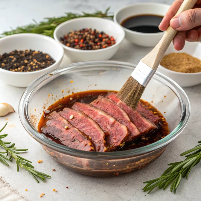 Thinly sliced beef brisket sizzling in a cast iron skillet, with a wooden spatula flipping the caramelized slices.