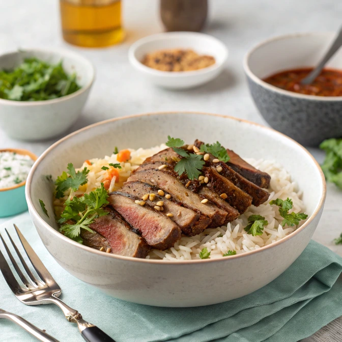 A bowl of rice topped with thinly sliced beef brisket, garnished with fresh herbs and served with vegetables.