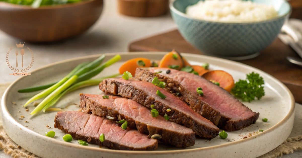 A plate of thinly sliced beef brisket, cooked to perfection, garnished with fresh herbs and served with a side of vegetables on a wooden board.
