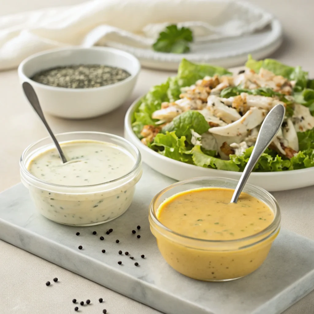  A selection of Chicken Salad Chick-style salad dressings in small glass bowls, featuring creamy, honey mustard, and poppyseed varieties on a wooden table.