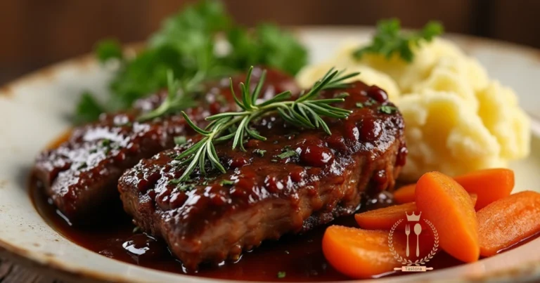 Tender boneless beef short ribs served with mashed potatoes and carrots, topped with fresh herbs, on a rustic wooden table.