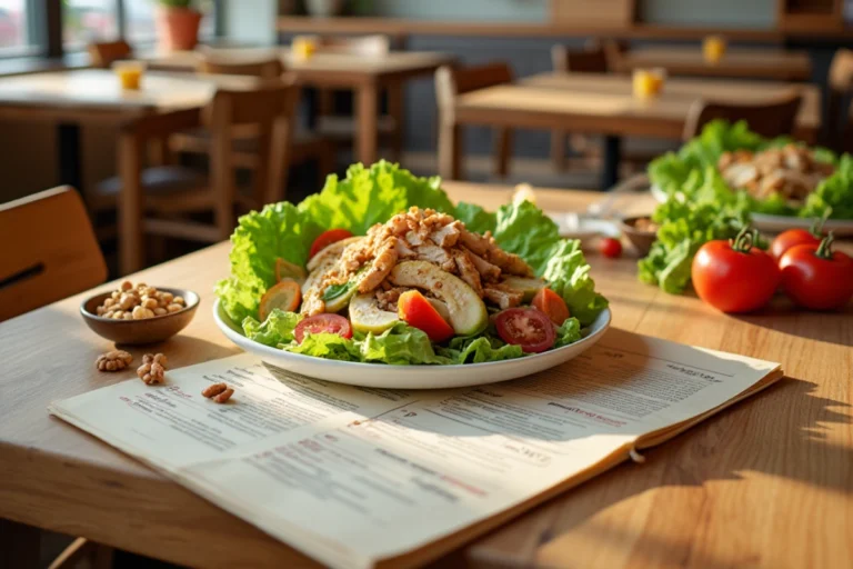 A fresh chicken salad with healthy ingredients next to a Chicken Salad Chick allergen menu on a wooden table.