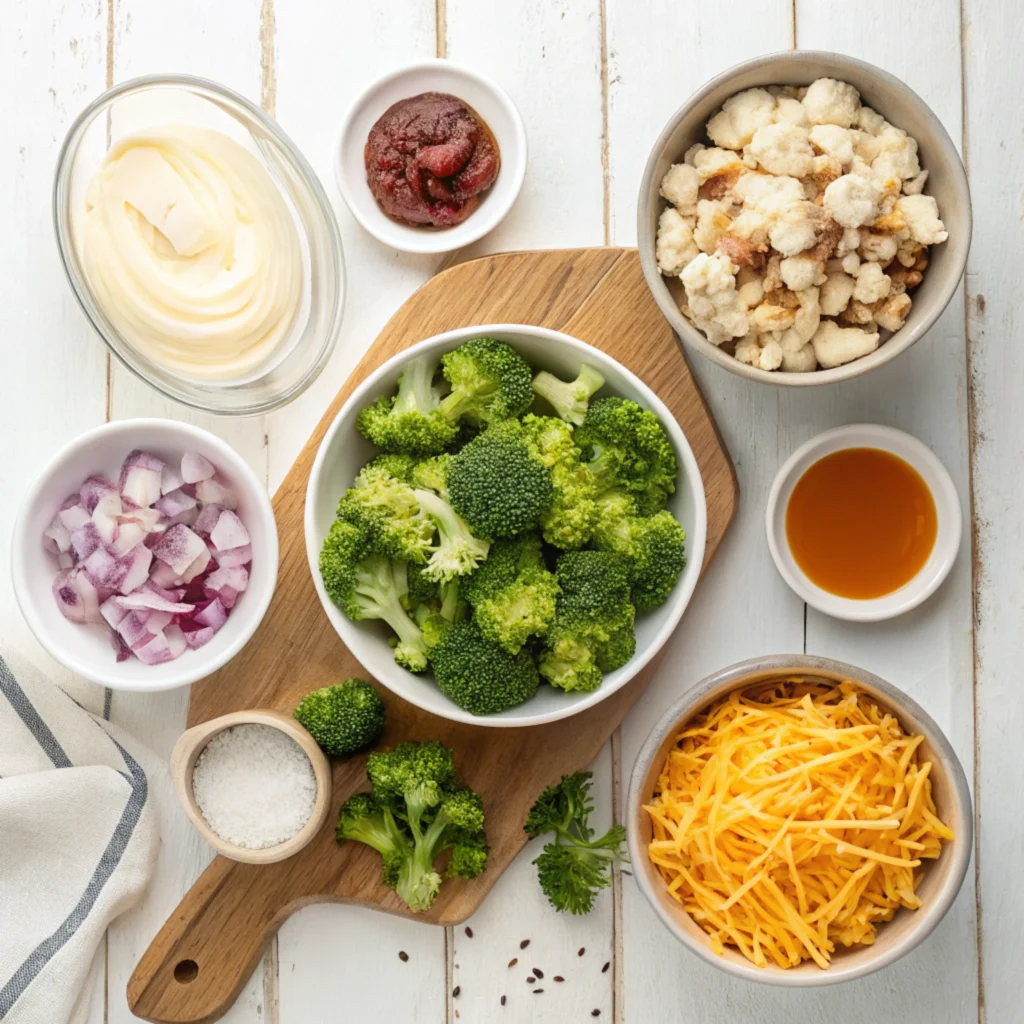 Fresh ingredients for Chicken Salad Chick broccoli salad including chopped broccoli, shredded cheddar, bacon, red onion, mayonnaise, vinegar, and sugar