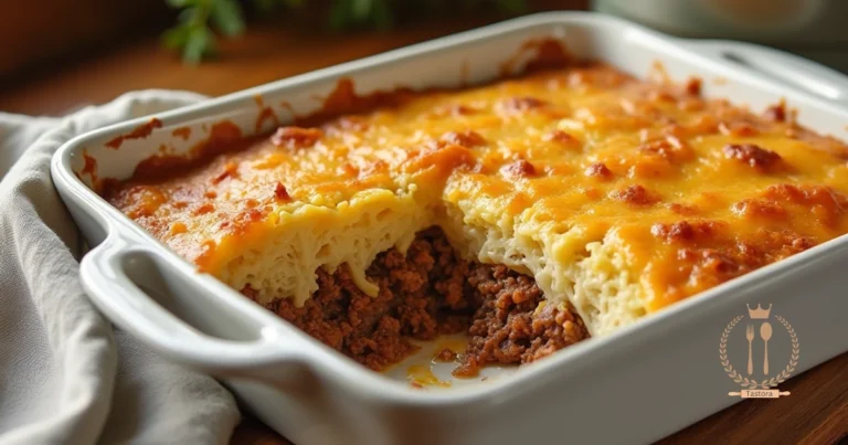 A white ceramic baking dish filled with freshly baked ground beef and cabbage casserole, topped with golden melted cheese, on a rustic wooden table.