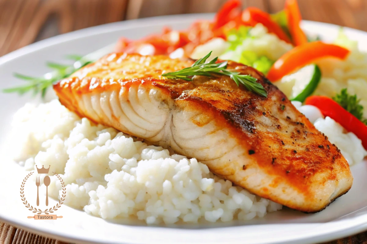 A hearty plate of old fashioned salmon and rice served with green beans and cornbread on a wooden table in a cozy vintage kitchen.